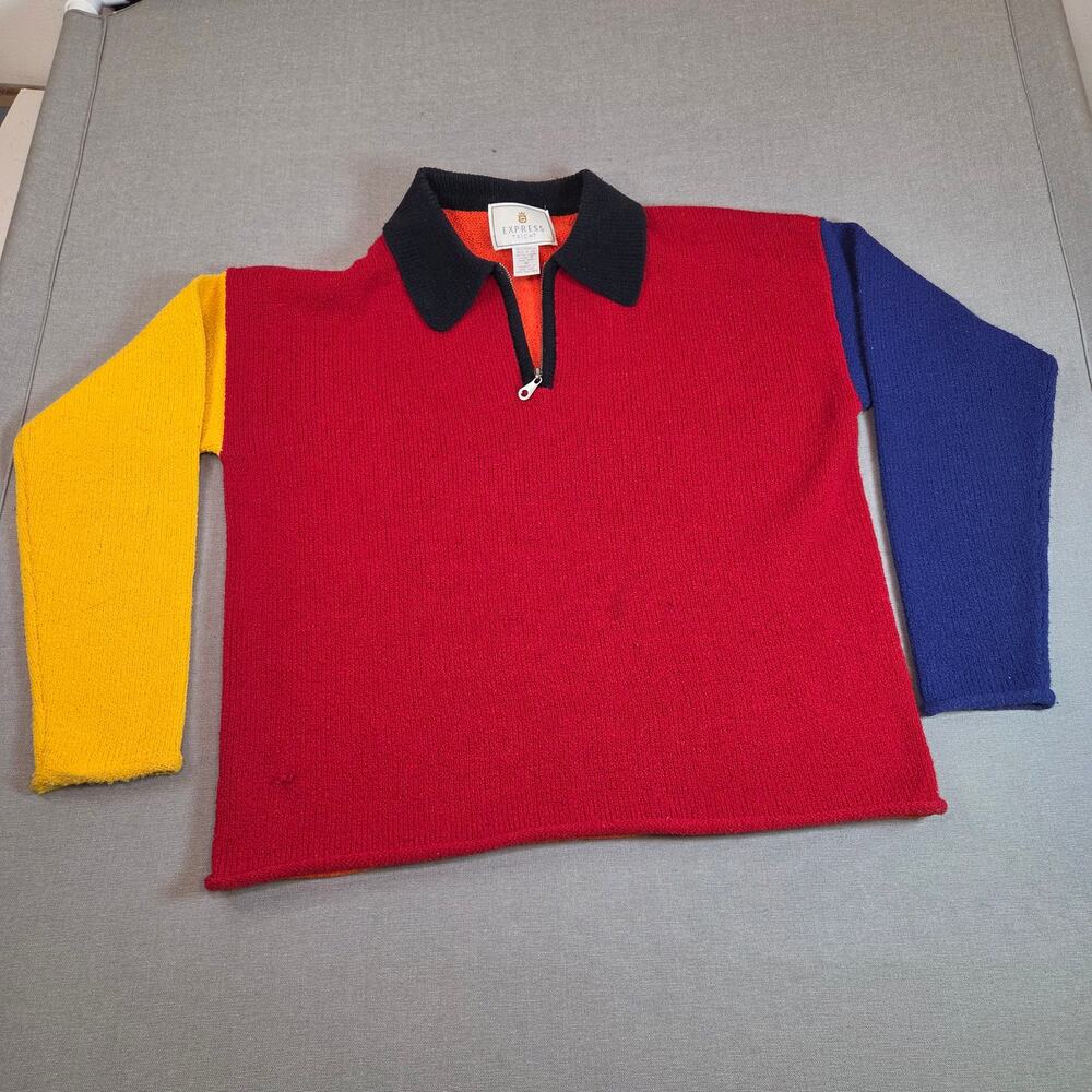 Vintage Express Tricot Colorblock Knit Polo Shirt Red Yellow Blue Hong Kong M